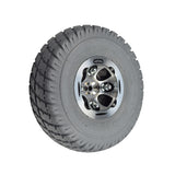 Close-up of the 3.00-4 (10x3, 260X85) Foam-Filled Drive Wheel Assembly for the Shoprider Streamer Sport (888WA), showing detailed tread and sturdy silver rim for enhanced durability.