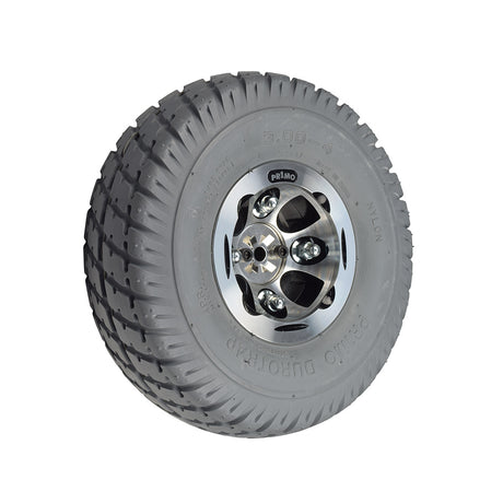 Close-up of the 3.00-4 (10x3, 260X85) Foam-Filled Drive Wheel Assembly for the Shoprider Streamer Sport (888WA), showing detailed tread and sturdy silver rim for enhanced durability.