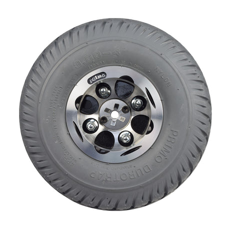 3.00-4 (10x3, 260X85) Foam-Filled Drive Wheel Assembly for Shoprider Streamer Sport (888WA), featuring a black tire with a silver rim and visible black and silver rivets.