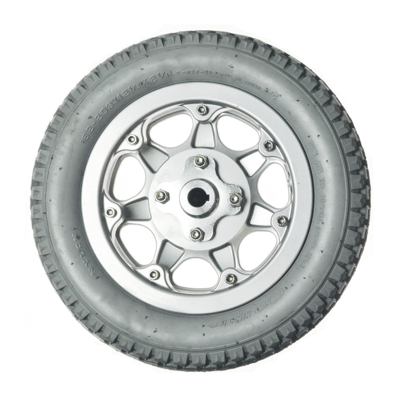 12-1/2x2-1/4 Drive Wheel Assembly for the Drive Denali (2900) Power Chair, featuring a tire with a silver split rim design and visible bolts on the backside.