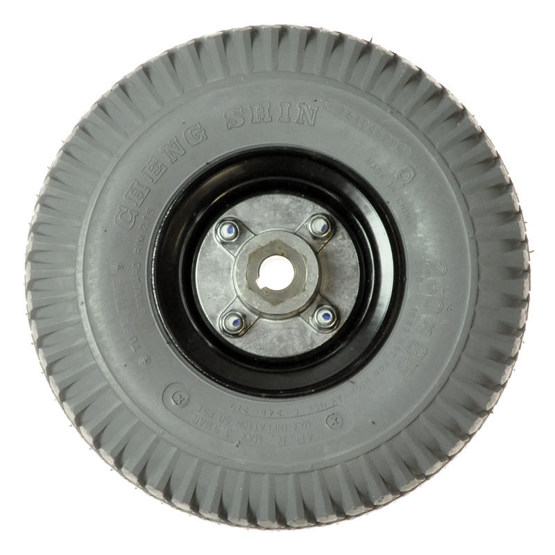 3.00-4 (10x3, 260x85) Foam-Filled Drive Wheel Assembly for the Drive Image EC & Image GT Power Chair, featuring a metal rim with a central nut and a Powertrax C248 tread pattern.