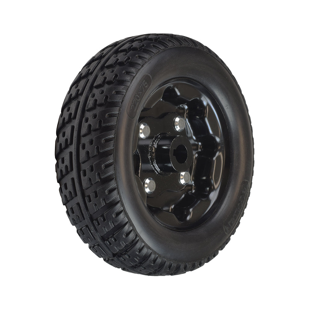 9 Flat-Free Drive Wheel Assembly for the Golden Technologies Alante Sport (GP205), LiteRider PTC (GP160), and LiteRider (GP162) featuring a black tire with a black rim and keyhole.