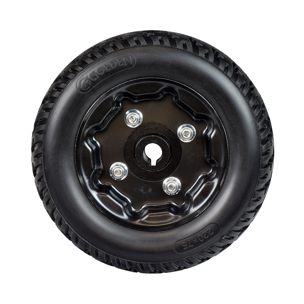 9 Flat-Free Drive Wheel Assembly for Golden Technologies Alante Sport, LiteRider PTC, and LiteRider, featuring a black tire with a keyhole in the center, ensuring no air leaks or flats.