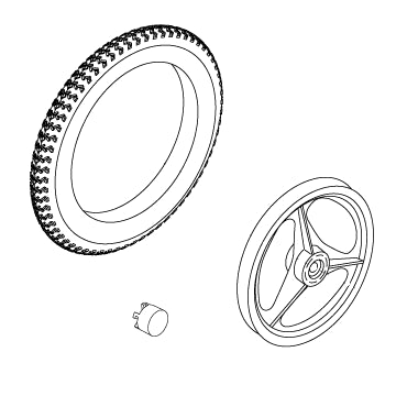 Black and white line drawing of a flat free drive wheel assembly for Jazzy 1105/1115 Power Chairs, featuring a 14 x 2.125 tire with a black mag rim and insert drive wheel.