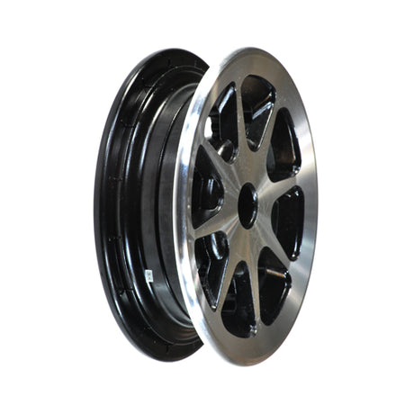 Drive Wheel Rim Assembly with Hub for Jazzy 1100, showcasing close-up details of the black and silver alloy wheel, black tire, and honeycomb forged steel hub with zinc and oxide screws.