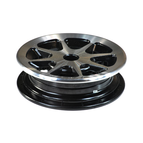 8 Rim without Hub for Jazzy 1100 Series & Jet Power Chairs, featuring a detailed black and silver design with honeycomb outer aluminum and inner mag rim, shown in a close-up view.