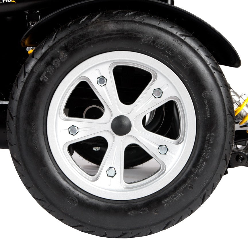 Close-up of the 14x3 (3.00-8) Drive Wheel Assembly for Drive Medical Trident HD, highlighting the black flat-free tire and silver rim, designed for easy replacement on the power chair.