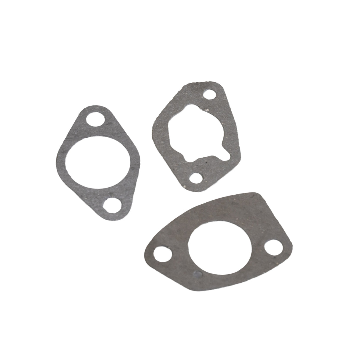 Carburetor Gasket Kit with Spacer for 13 HP Honda GX390 Engines, featuring three metal gaskets with holes and a high-temperature phenolic plastic spacer, arrayed together on a white background.