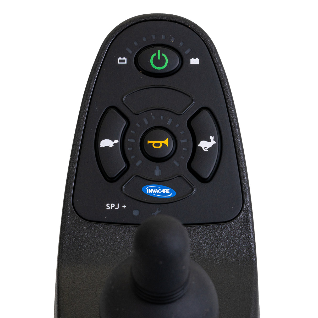 Close-up of the SPJ+ Joystick for Invacare Power Chairs, highlighting its buttons and control interface, including a green power button and various functional symbols.