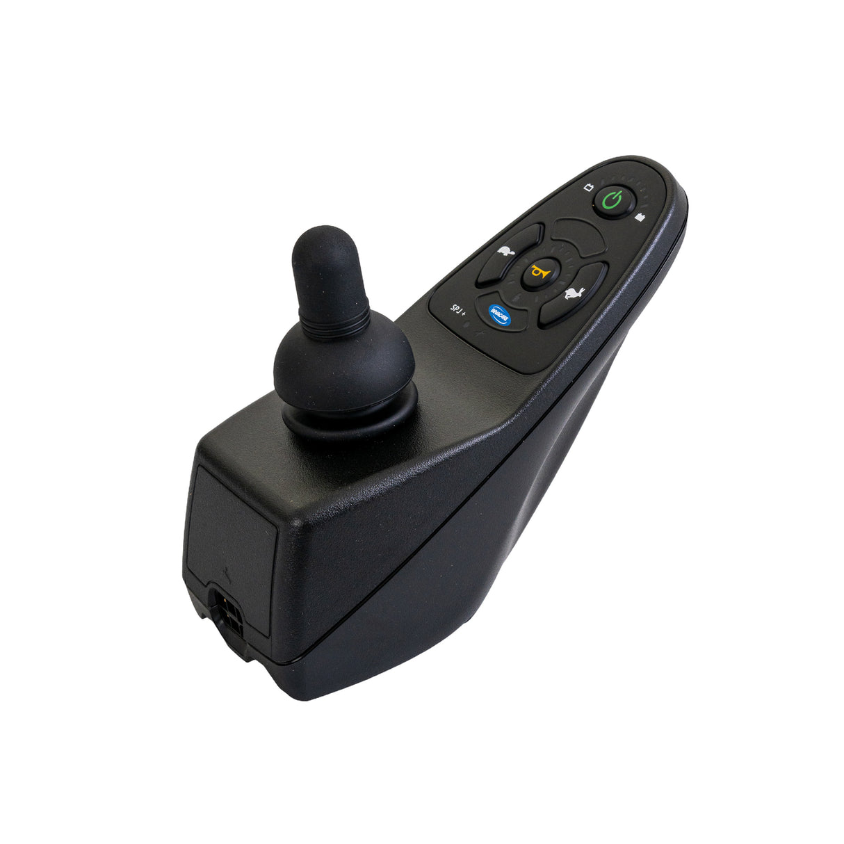 SPJ+ Joystick for Invacare Power Chairs, featuring a black remote control with several buttons. The joystick controller is designed for various Invacare models but isn't interchangeable with the Dynamic Shark joystick.