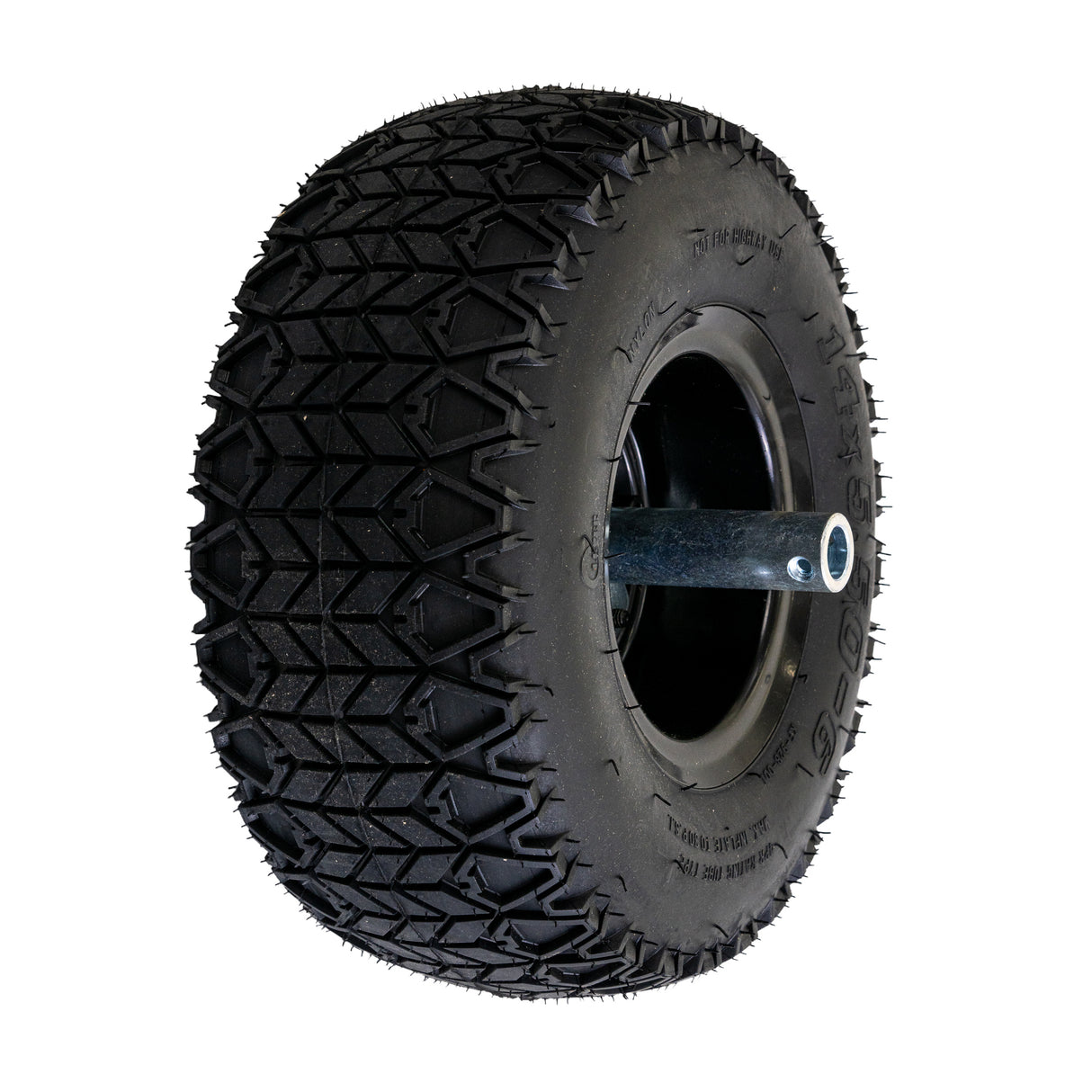 Rear Wheel Assembly for the Razor Dirt Quad 500, featuring a 14x5.50-6 pneumatic tire and inner tube mounted on a steel rim, with a visible metal post at its center.