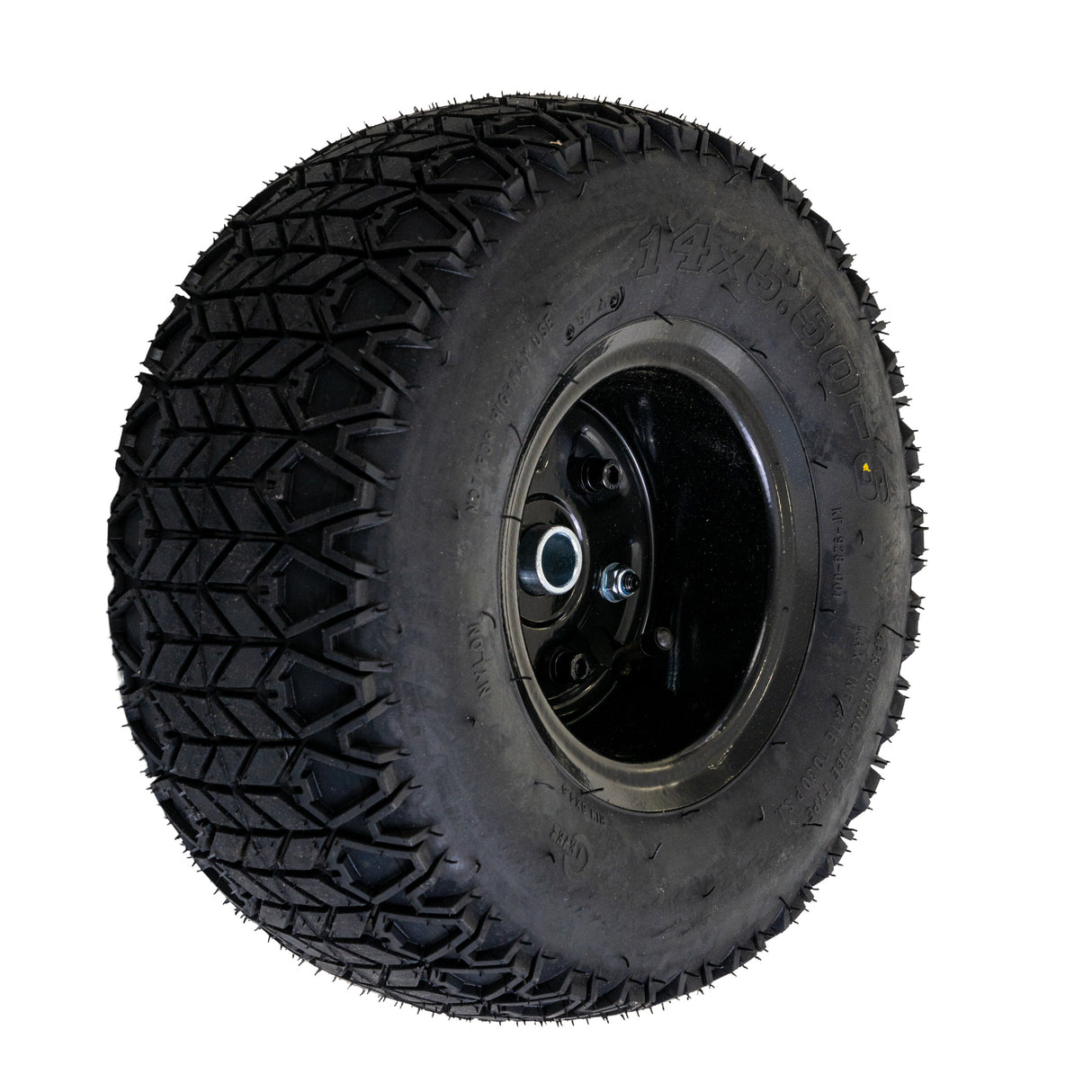 Rear Wheel Assembly for the Razor Dirt Quad 500, featuring a black tire with a black rim, designed for electric ATVs. Complete with a 14x5.50-6 pneumatic tire and steel rim, ready to mount.