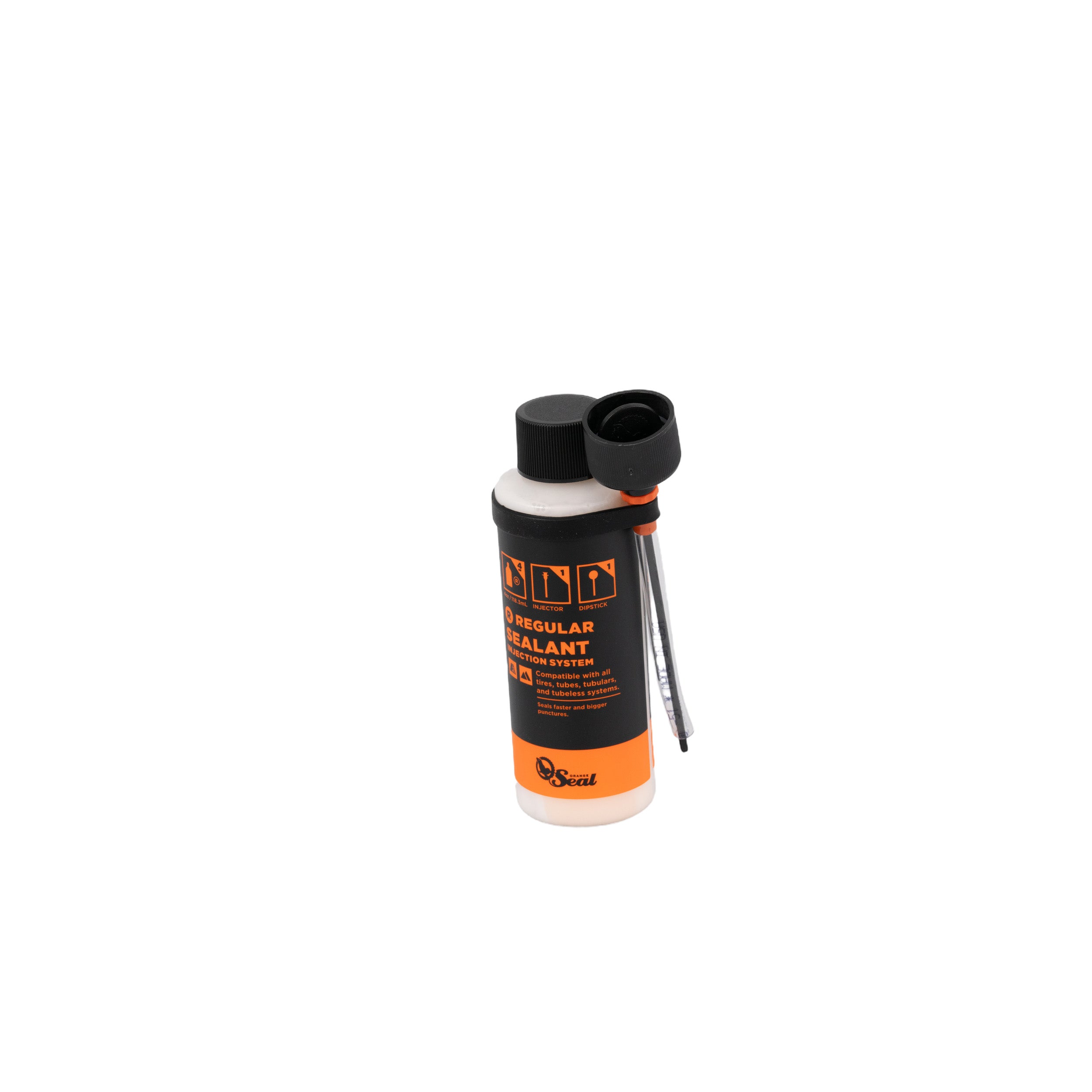 Orange Seal Tubeless Tire Sealant - 4 oz Bottle with a black label and twist-lock cap, designed for easy injection and effective puncture sealing for bike tires.