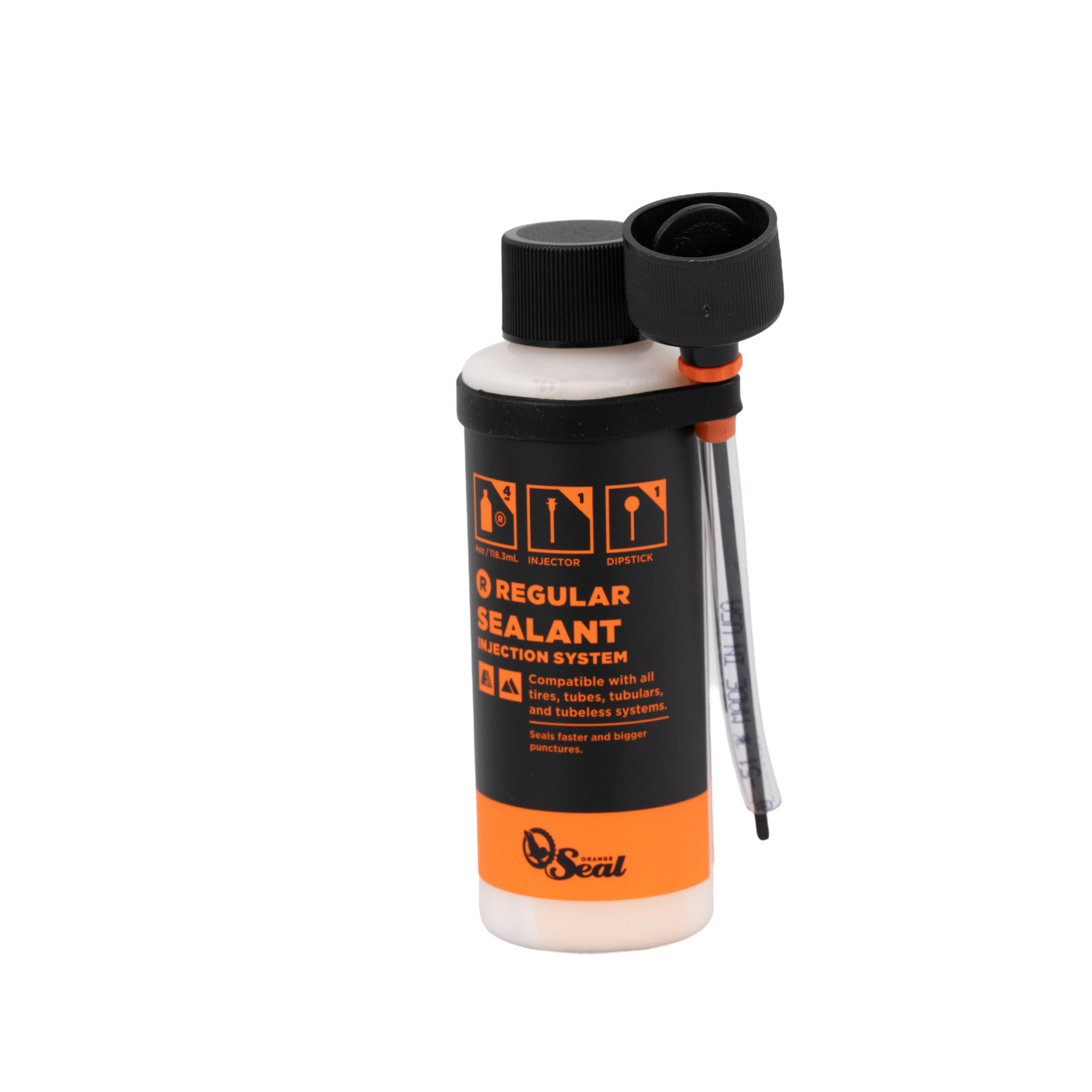 Orange Seal Tubeless Tire Sealant - 4 oz Bottle with black cap and orange label, designed for easy injection and effective puncture sealing, shown in a white container.