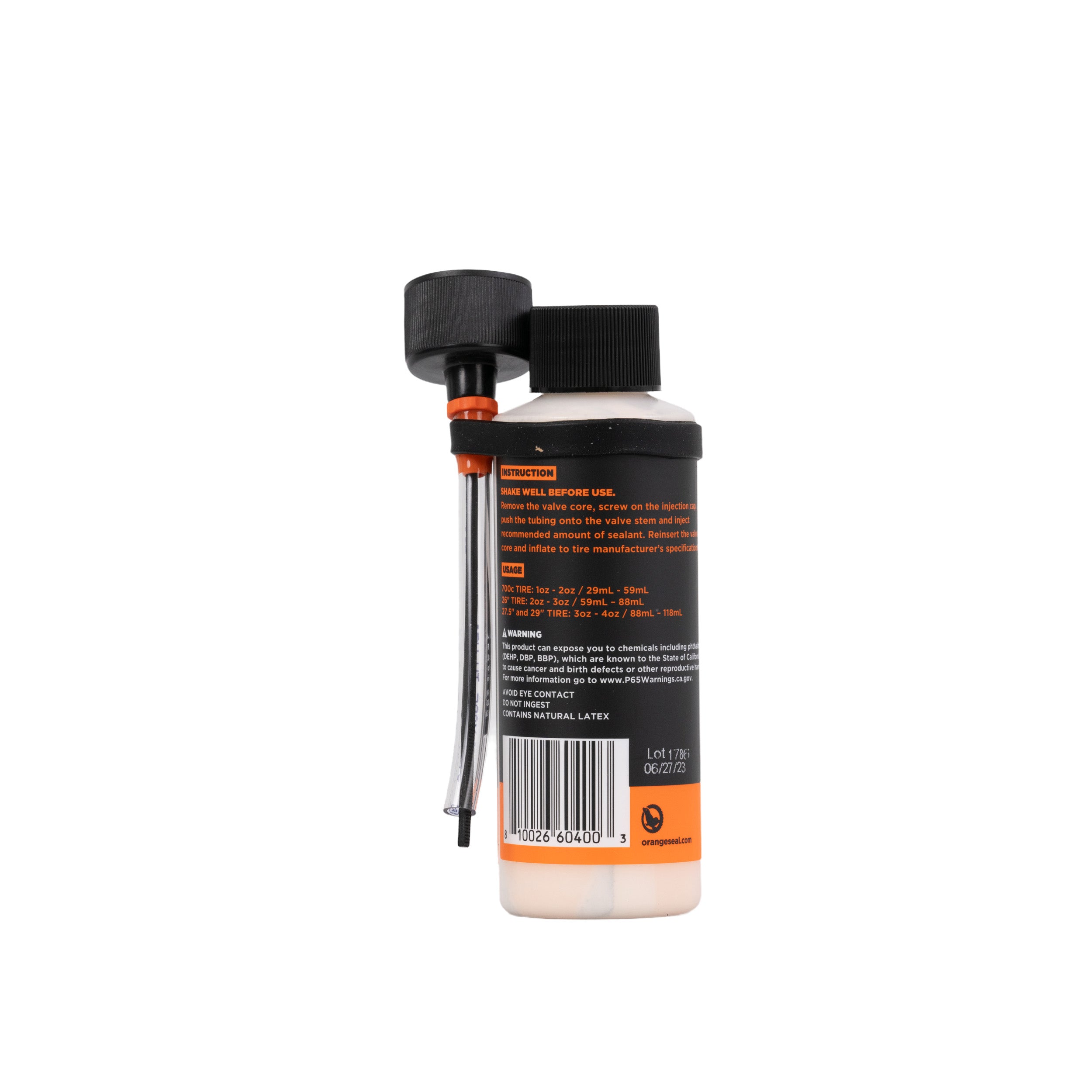 Orange Seal Tubeless Tire Sealant - 4 oz Bottle, featuring a black and orange design with a twist-lock cap, suitable for sealing punctures up to 1/4 in tubeless bike tires.