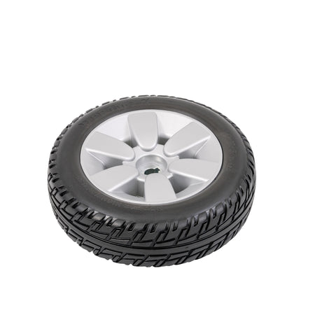 3.00-4 Flat-Free Drive Wheel Assembly with Black Tire for the Jazzy Air, Select, & Select 6 Power Chairs, featuring a silver rim and foam-filled black tire, suitable for newer models without split rims.