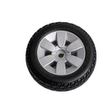 3.00-4 Flat-Free Drive Wheel Assembly with Black Tire for the Jazzy Air, Select, and Select 6 Power Chairs, featuring a black tire mounted on a silver rim, suitable for newer models.