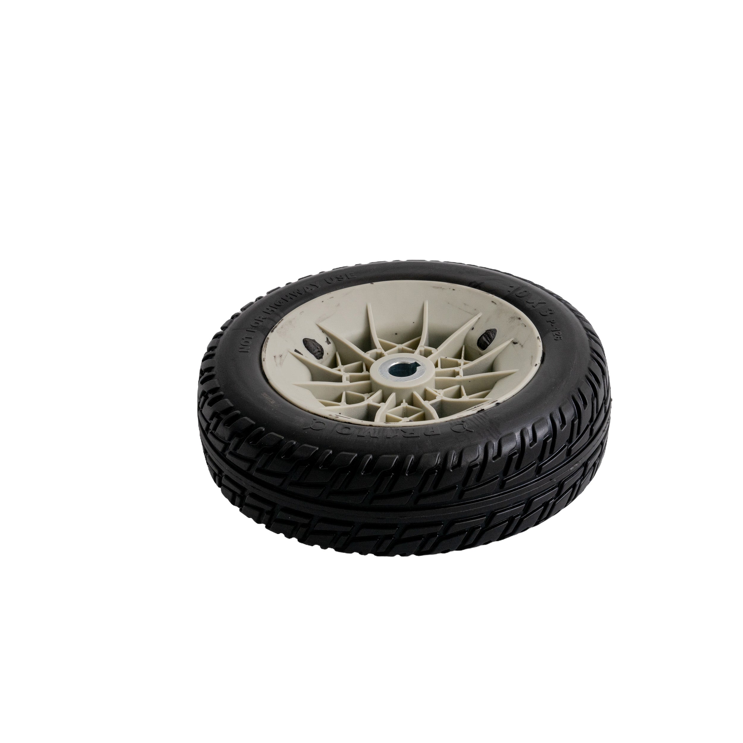 3.00-4 Flat-Free Drive Wheel Assembly with Black Tire for the Jazzy Air, Select, & Select 6 Power Chairs, featuring a solid black tire and a white rim, suitable for newer models.