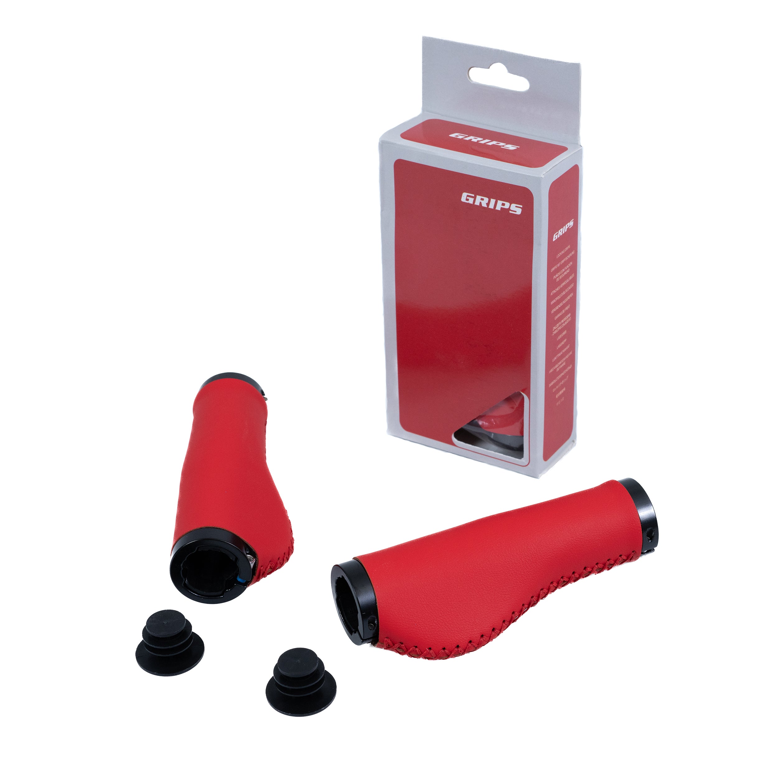 Handlebar Grip Set with Clamps for Electric Bicycles featuring ergonomic red grips with black rubber caps, bar end plugs, and two locking ring clamps, displayed in a branded box.