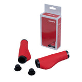 Handlebar Grip Set with Clamps for Electric Bicycles featuring ergonomic red grips with black rubber caps, bar end plugs, and two locking ring clamps, displayed in a branded box.