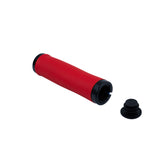 Handlebar Grip Set with Clamps for Electric Bicycles showing a close-up of the ergonomic red and black grips, featuring a black rubber stopper and locking ring clamps.