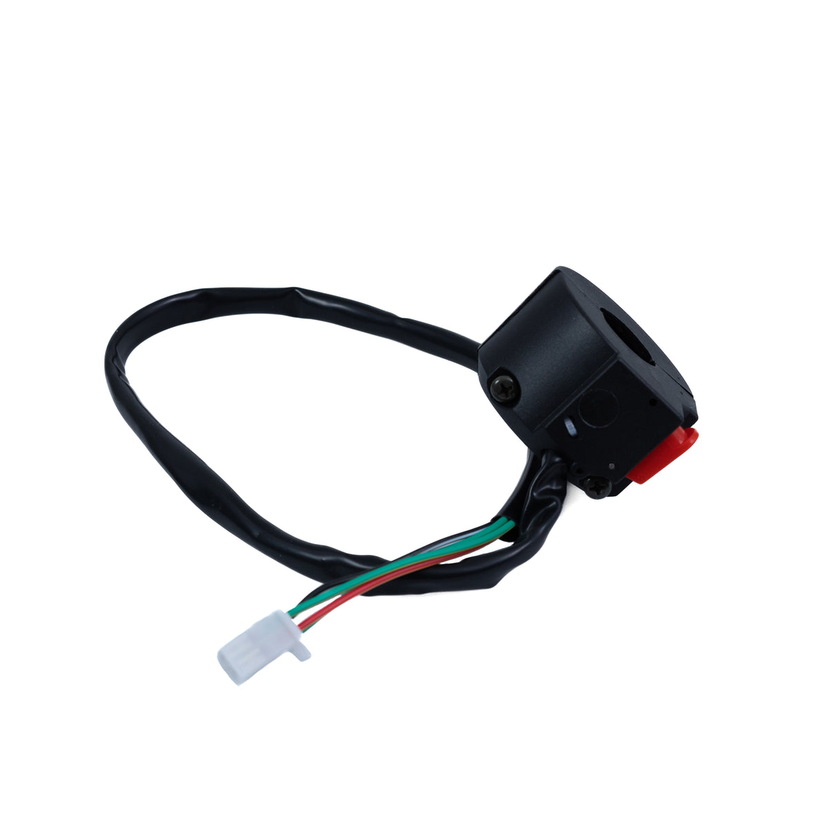 4-Pin Engine Switch Assembly for ATVs, Mini Bikes, & Scooters featuring a handlebar mount, visible wires, and a start switch with an engine kill button, shown with a 24 cable harness and 4-pin connector.