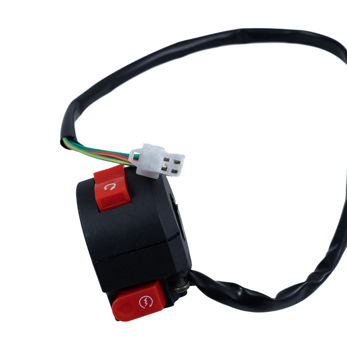 4-Pin Engine Switch Assembly for ATVs, Mini Bikes, & Scooters showing a close-up of the black and red switch with attached wires and a 4-pin square connector.