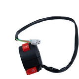 4-Pin Engine Switch Assembly for ATVs, Mini Bikes, & Scooters featuring a black electrical device with red buttons, wires, and a 4-pin connector. Designed for left-side handlebar mounting.