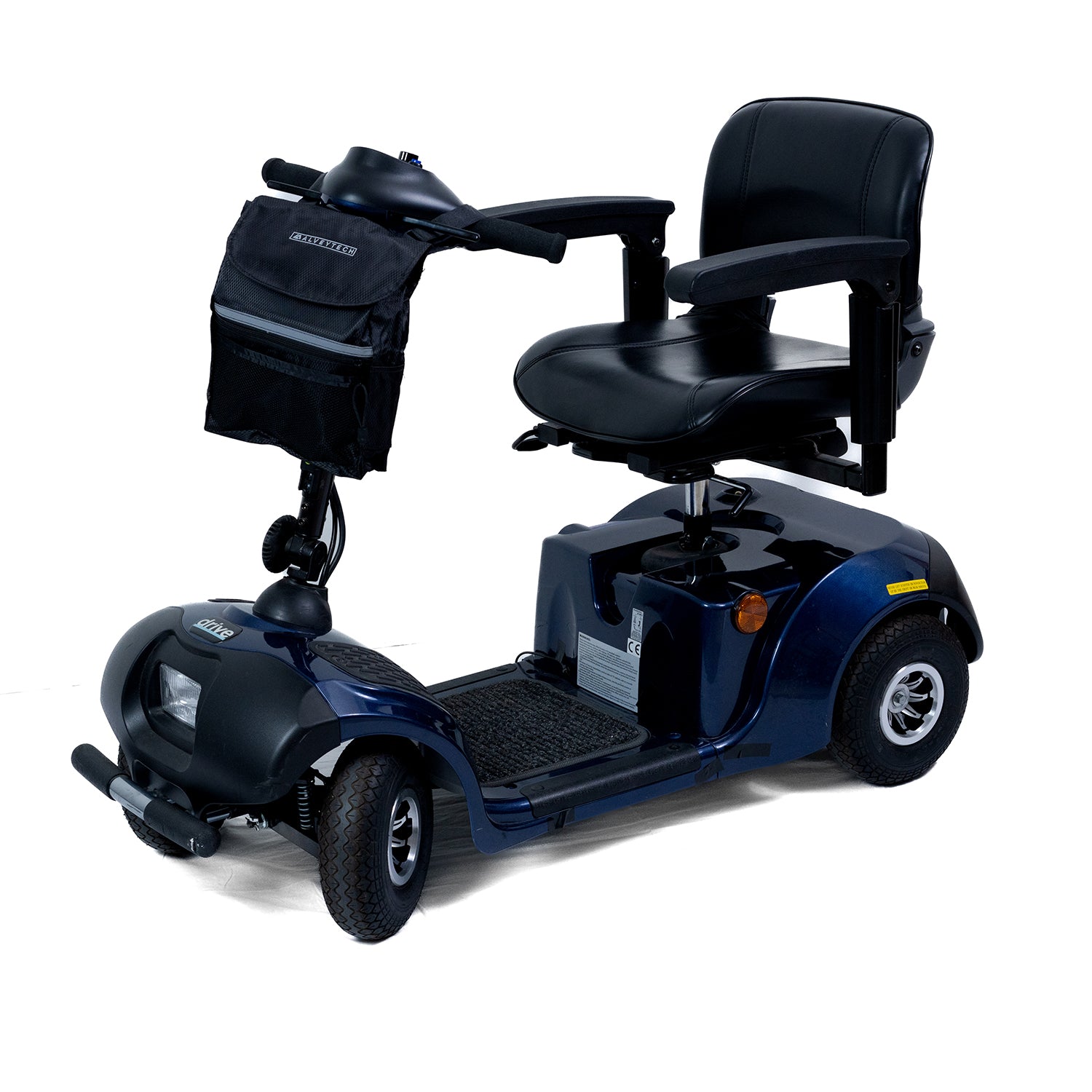 Removable Front Tiller Bag for Mobility Scooters, attached to a blue scooter with a black seat, showing enhanced storage capacity for damaged or worn-out front baskets.