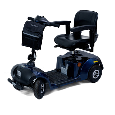 Removable Front Tiller Bag for Mobility Scooters, attached to a blue scooter with a black seat, showing enhanced storage capacity for damaged or worn-out front baskets.