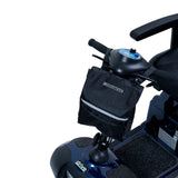 Removable Front Tiller Bag for Mobility Scooters shown attached to a scooter's handlebars, offering ample storage space with a durable nylon material, ideal for replacing or adding front storage.