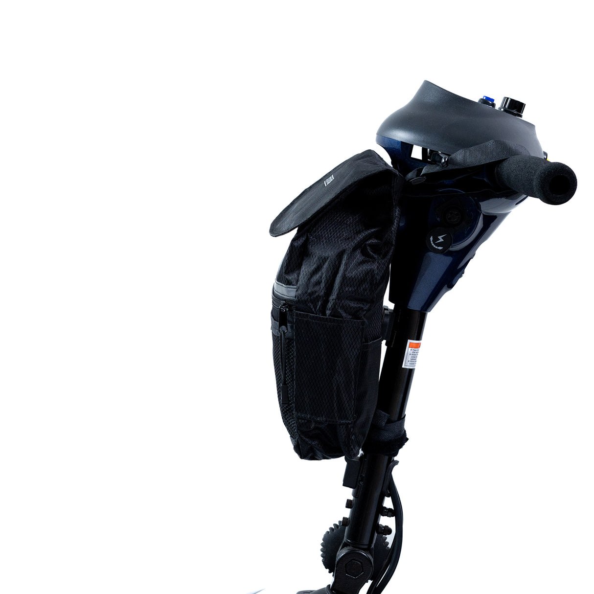 Removable Front Tiller Bag for Mobility Scooters: A close-up of a black nylon bag with a sturdy strap, attached to the handlebar of a mobility scooter, designed for additional front storage.