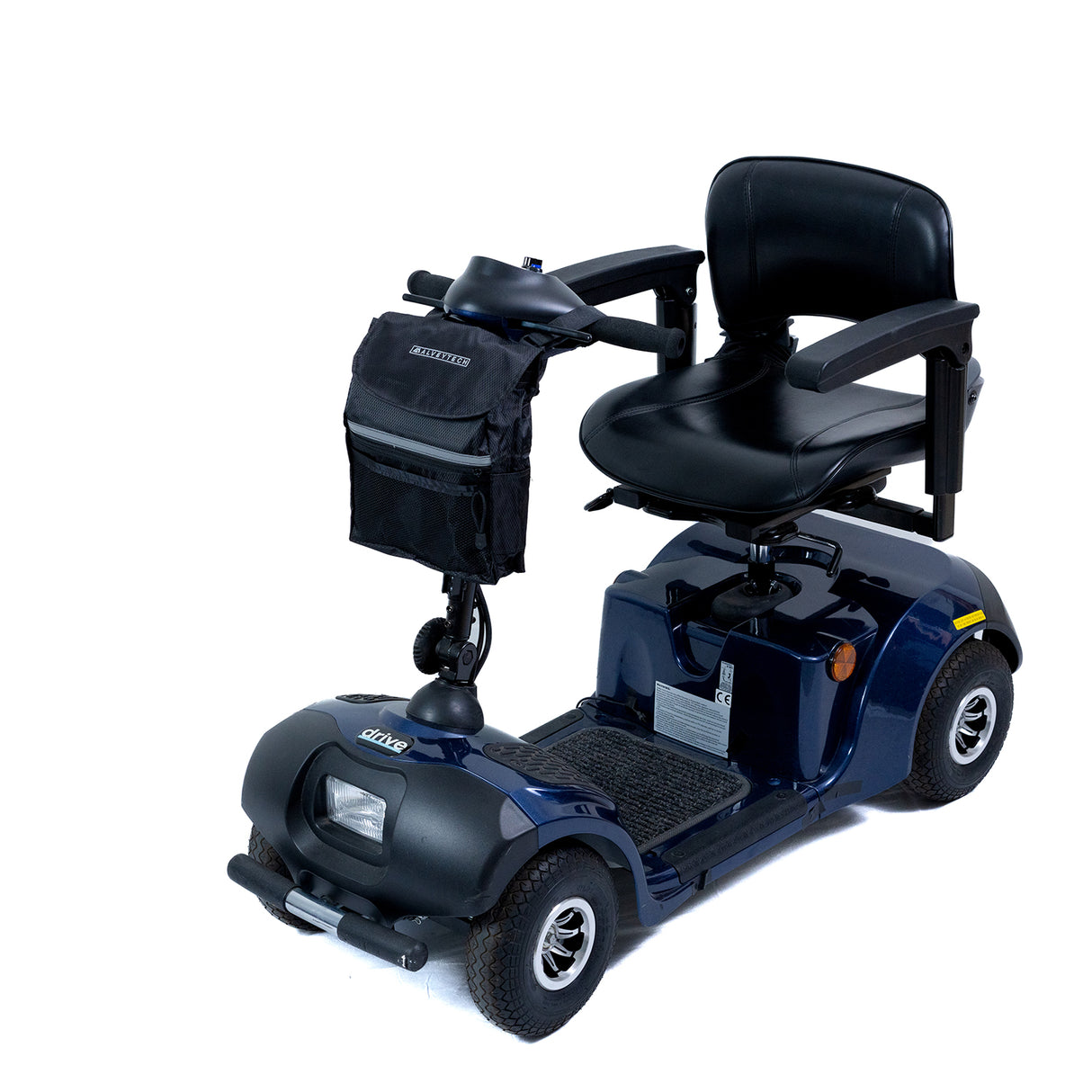 Removable Front Tiller Bag for Mobility Scooters, large and durable, designed for additional front storage, shown attached to a blue mobility scooter with a black seat.