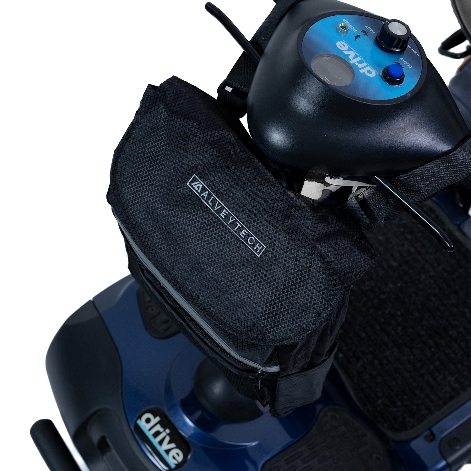 Removable Front Tiller Bag for Mobility Scooters shown attached to a scooter, highlighting its large, durable nylon construction for increased storage capacity.