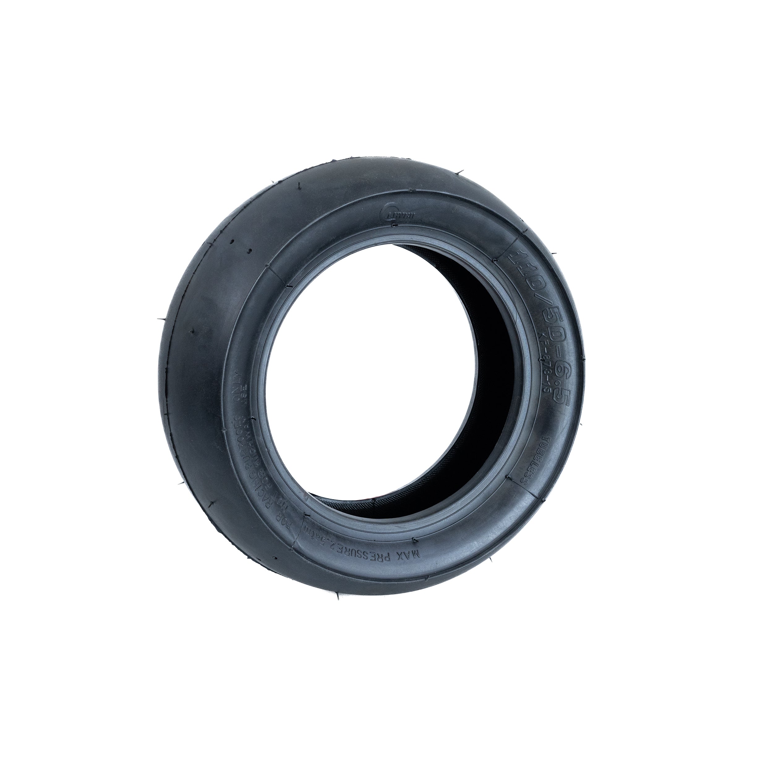 110/50-6.5 Pocket Bike Tire with KF873 Slick Tread, showing a smooth, treadless surface and circular design, suitable for X-Treme XP-700 and XP-489 pocket bikes.