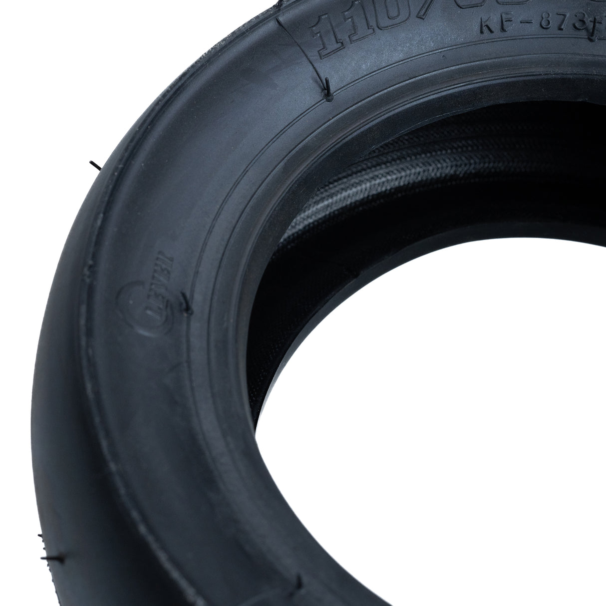 110/50-6.5 Pocket Bike Tire with KF873 Slick Tread, close-up showing the treadless racing design and tubeless pneumatic feature, ideal for X-Treme XP-700 and XP-489 pocket bikes.