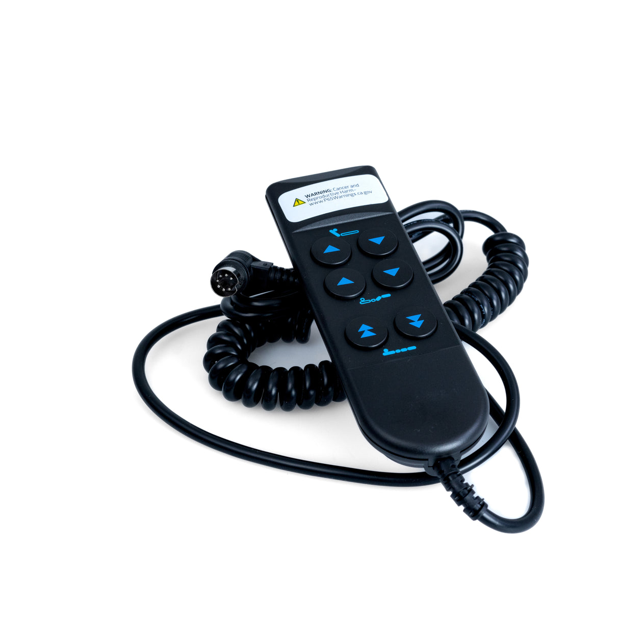 6-Button Hand Control Pendant for the Invacare 5410IVC Full Electric Homecare Bed, featuring blue buttons and a coiled cord, designed for head, feet, and elevation adjustments.