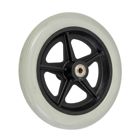 8x1-1/4 Wheel for the Merits 4-Wheel Aluminum Rollator (W467) featuring a white rim and pre-installed 608ZZ bearings, highlighting its puncture-proof polyurethane foam-filled tire.