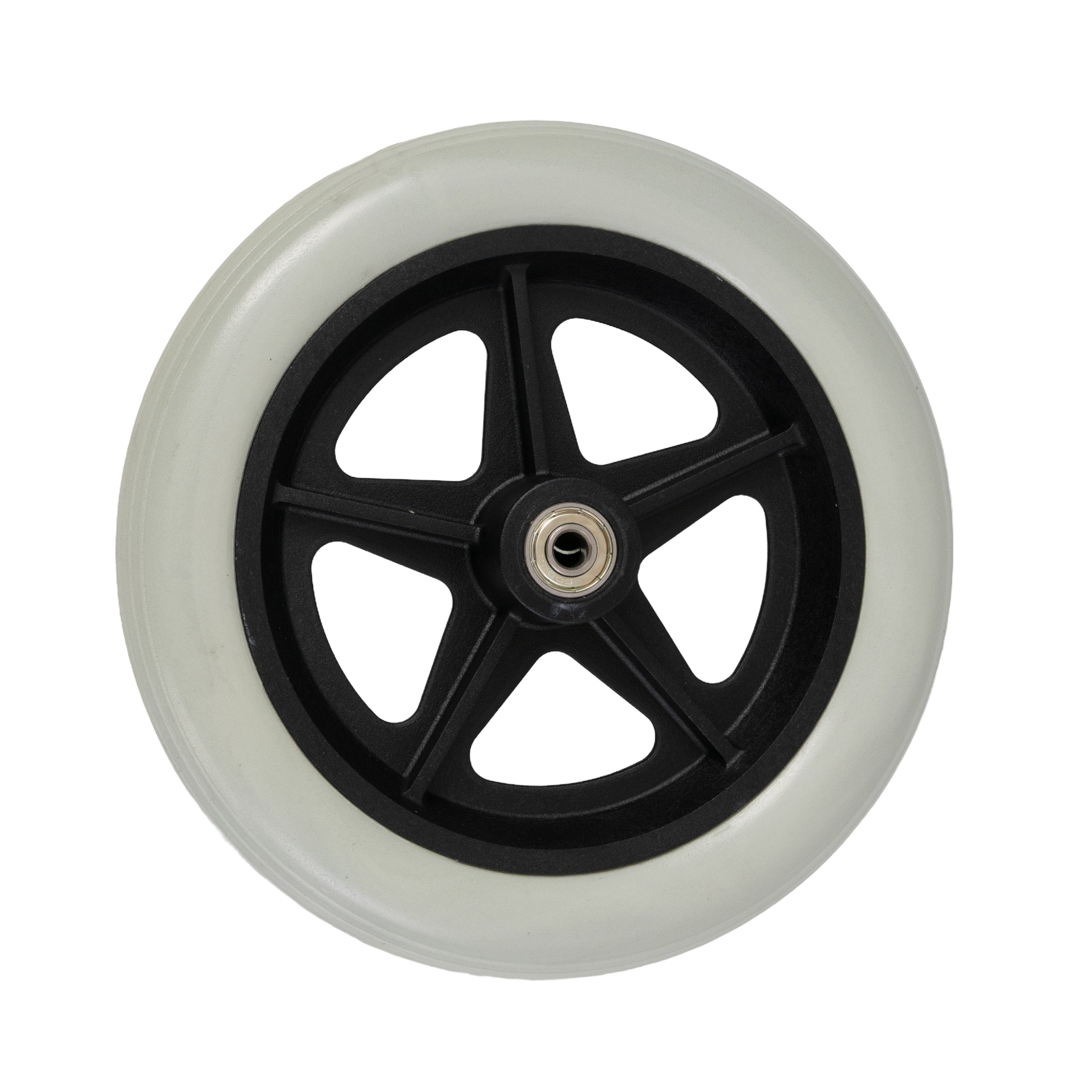 8x1-1/4 Wheel for the Merits 4-Wheel Aluminum Rollator (W467), featuring a white rim and puncture-proof polyurethane foam-filled tire with pre-installed 608ZZ bearings.