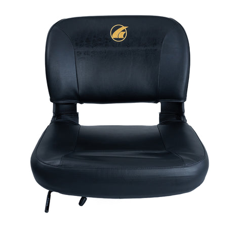 20x18 Black Stadium Seat Assembly for Golden Companion I (GC240) & II (GC340, GC440) Mobility Scooters, featuring black vinyl upholstery with the Golden logo on the upper seat back.