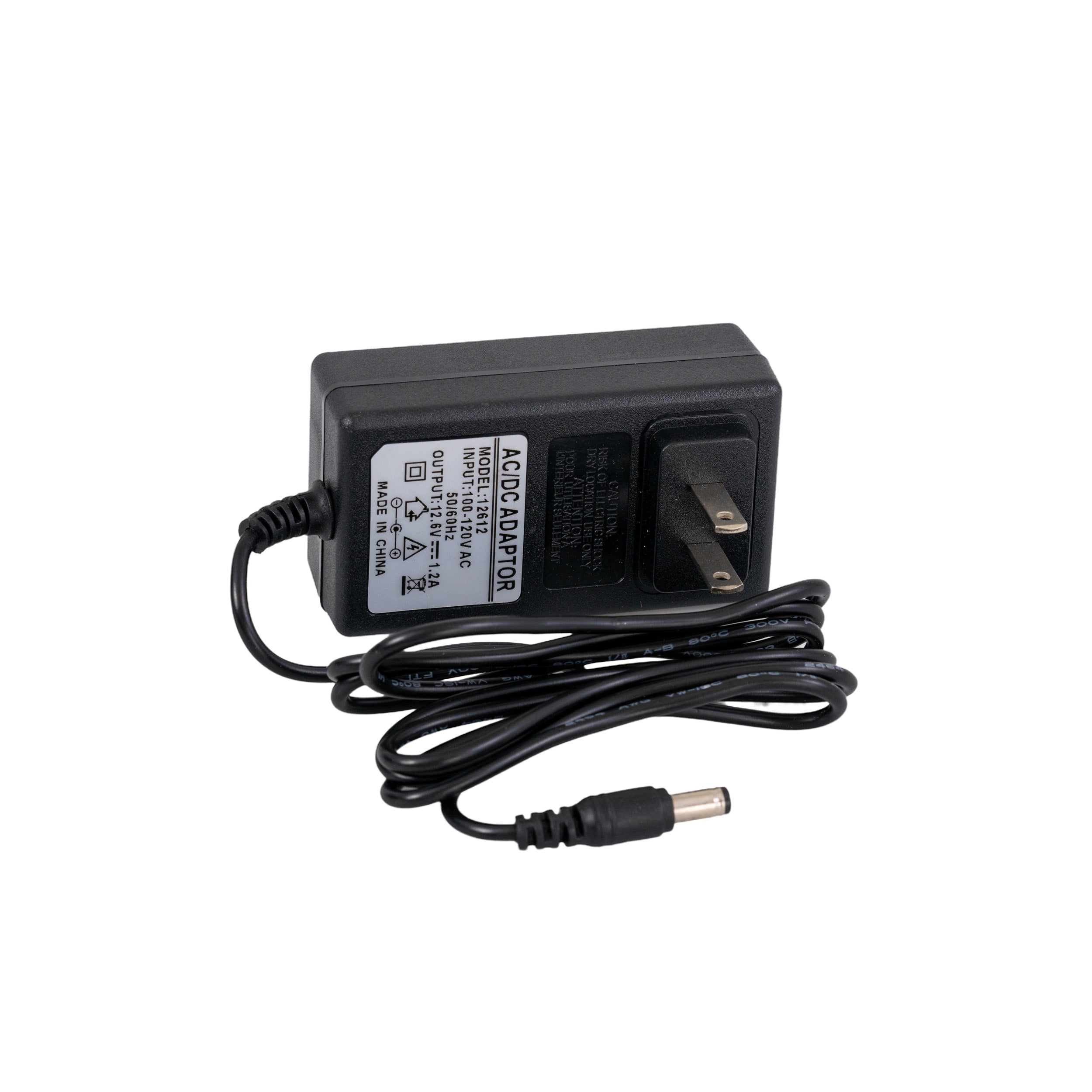 12 Volt 1.2 Amp 2.1mm ID Coaxial Battery Charger for the Kidzone 12V Ride-On Team 7 ATV, featuring a black power cord with a white label and a black power adapter.