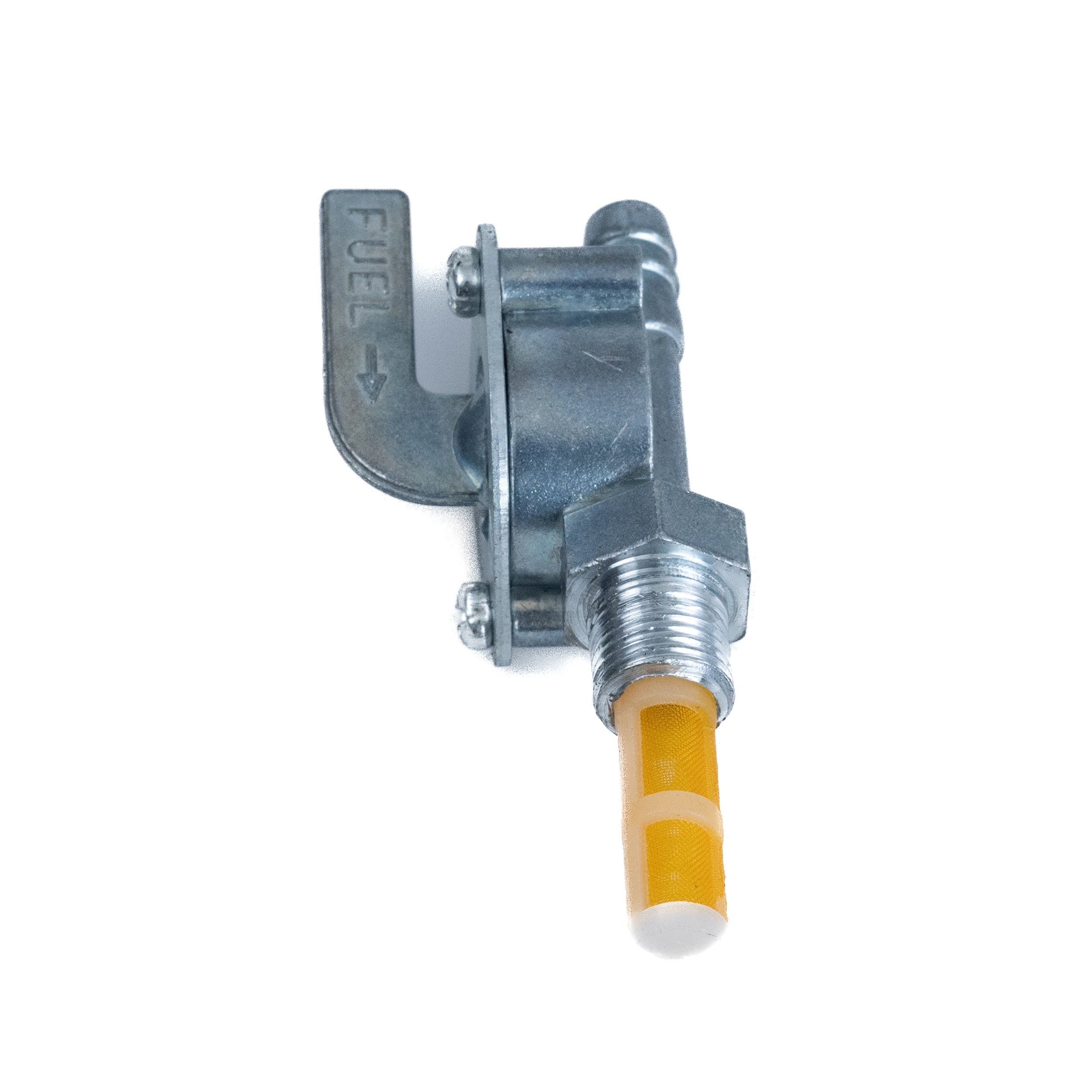 Petcock Fuel Valve with M10-1.0 Thread for 80cc 2-Stroke Bicycle Engine Kit, featuring a metal valve with a yellow handle, designed for fuel flow control and includes a filter screen.