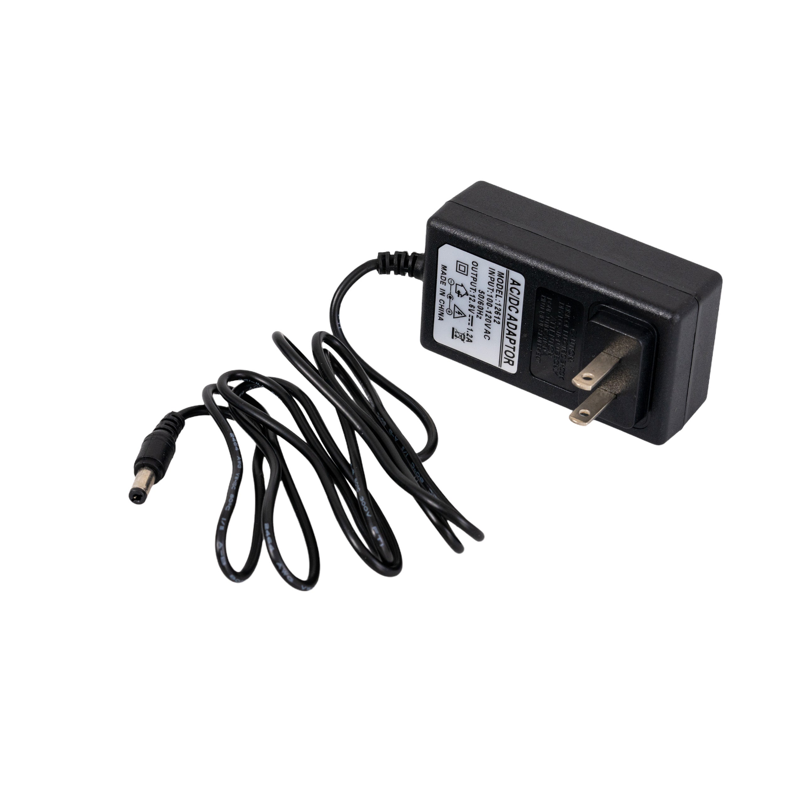 12 Volt 2.1 mm ID Coaxial Battery Charger for Best Choice Products 12V Ride-On Toys, showing a black power cord with a white label and a black adapter.