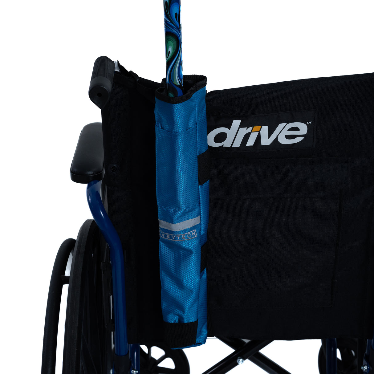 Universal Cane Holder for Mobility Scooters & Power Chairs shown in a blue ripstop fabric pouch with adjustable nylon strap for backrest attachment, suitable for carrying canes up to 2-3/4 in diameter.