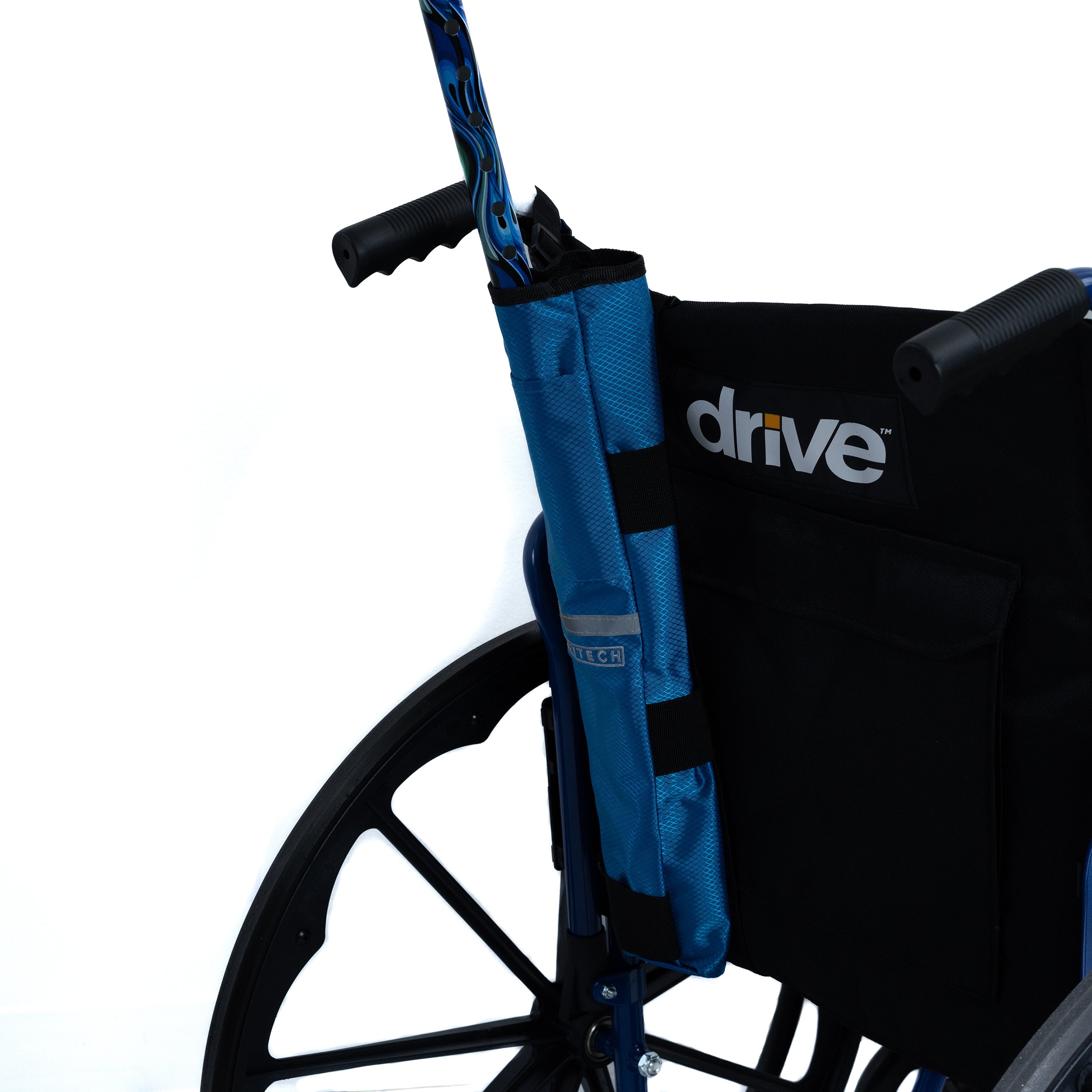 Universal Cane Holder for Mobility Scooters & Power Chairs attached to a blue and black wheelchair, featuring a blue bag and adjustable nylon strap.