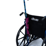 Universal Cane Holder for Mobility Scooters & Power Chairs: This image shows a wheelchair with a mounted cane holder attached to the backrest, designed to securely carry canes up to 2-3/4 in diameter.