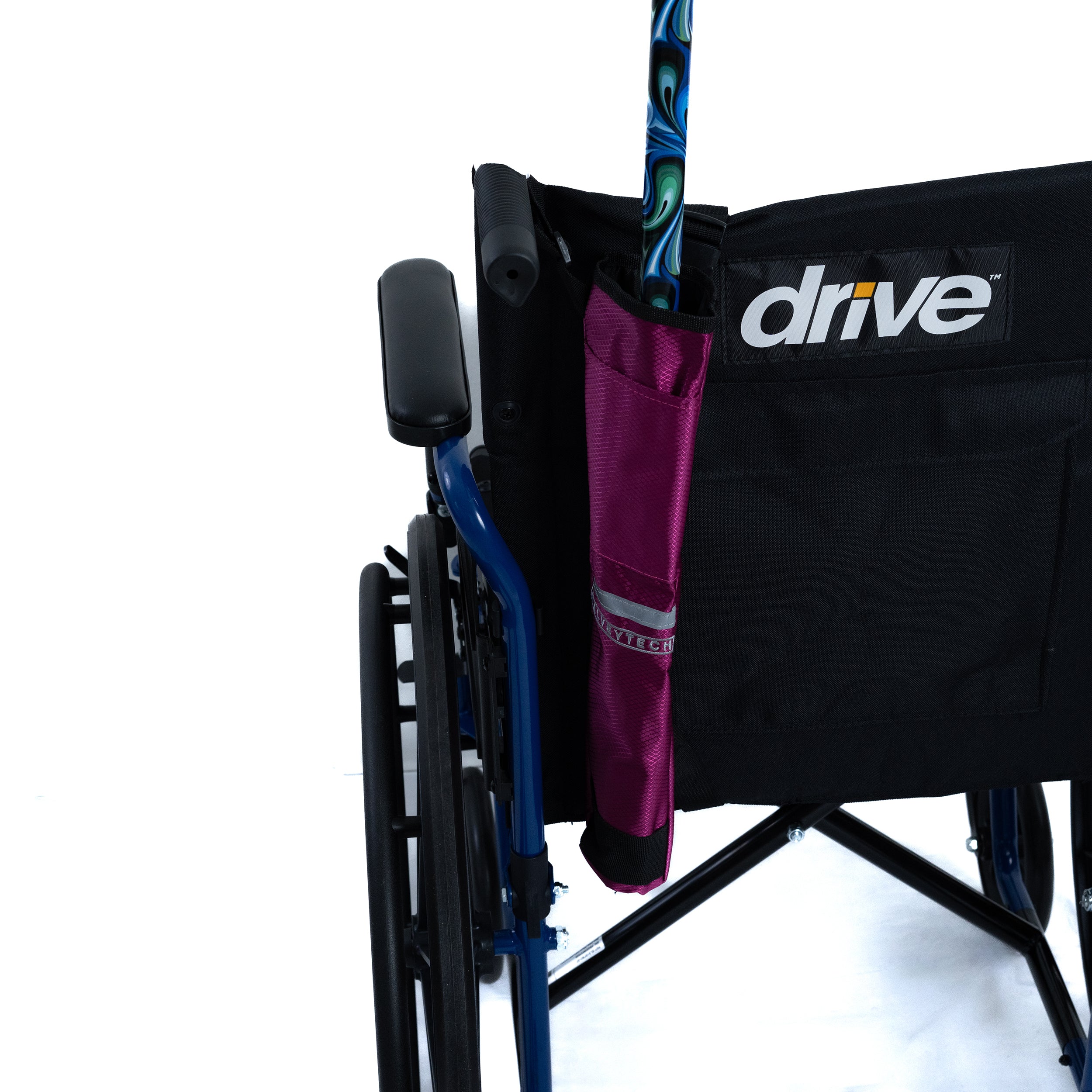 Universal Cane Holder for Mobility Scooters & Power Chairs, attached to a wheelchair backrest with an adjustable nylon strap, holding a cane in a ripstop fabric pouch.