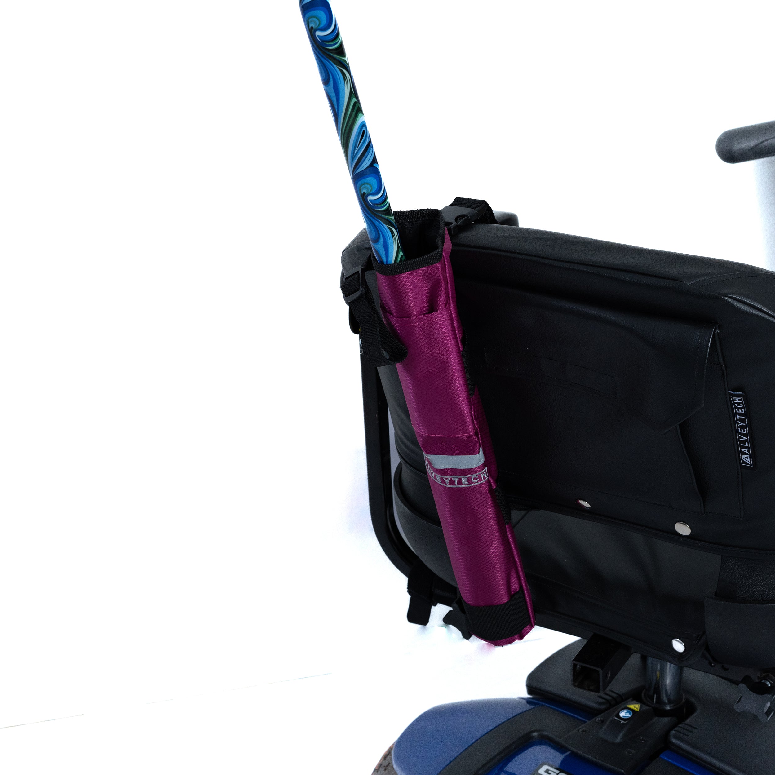 Universal Cane Holder for Mobility Scooters & Power Chairs, shown as a sturdy fabric pouch with a handle, designed to attach to the backrest and securely hold a cane.