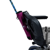 Universal Cane Holder for Mobility Scooters & Power Chairs attached to the backrest of a wheelchair, shown with a cane securely placed inside a ripstop fabric pouch.