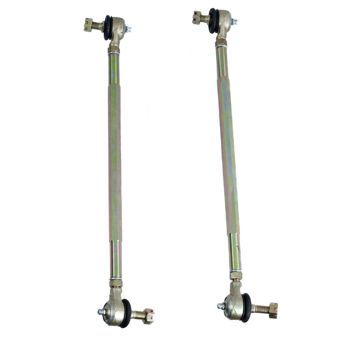 Tie Rod Linkage for the Coleman AT200-B ATV (Set of 2), featuring two metal rods with ball joints and additional components such as lock nuts, grease zerks, and castle nuts for the steering system.